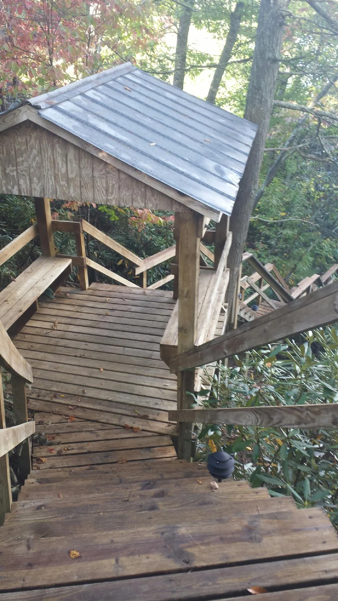 Metal roofed shelter over wooden steps on a wooded walkway — Skylight Repair & Installation work by our crew in Mccordsville